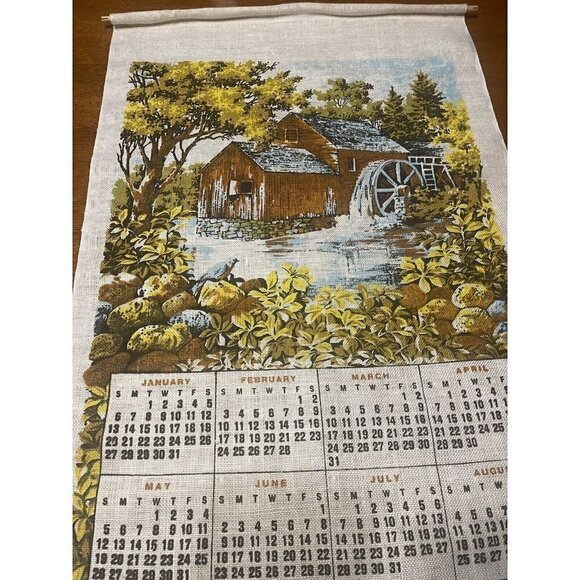 Vintage 1974 Old Country Mill Linen Wall Calendar Kitchen Tea Towel Art 29x17” - Picture 4 of 8